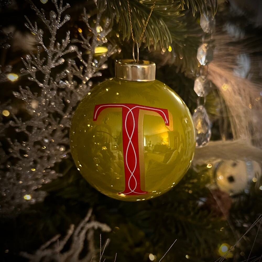 T initial Glass ornament monogram green red gold IN BOX NEW "T" Christmas